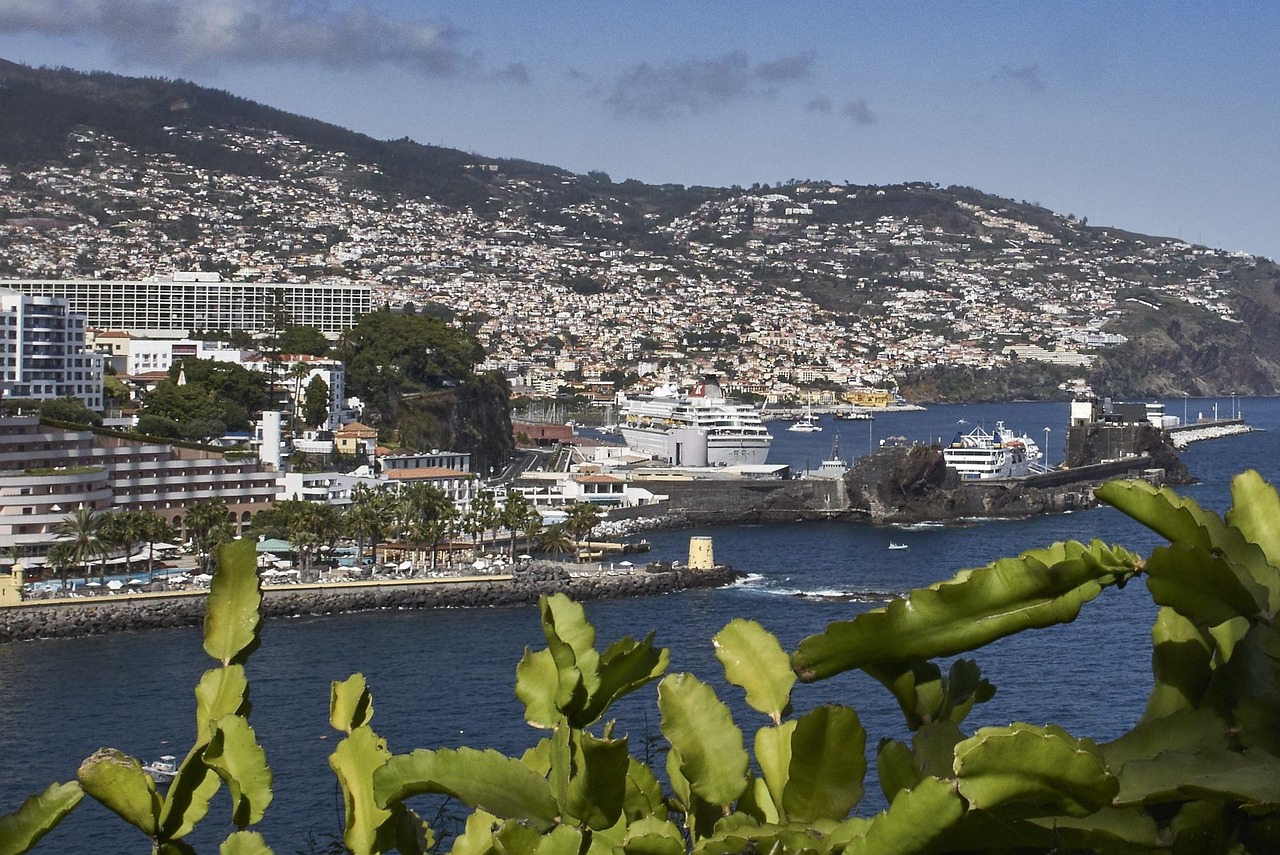 Cidade do Funchal, hotéis e porto de navios de cruzeiro com freguesias mais altas espalhadas acima