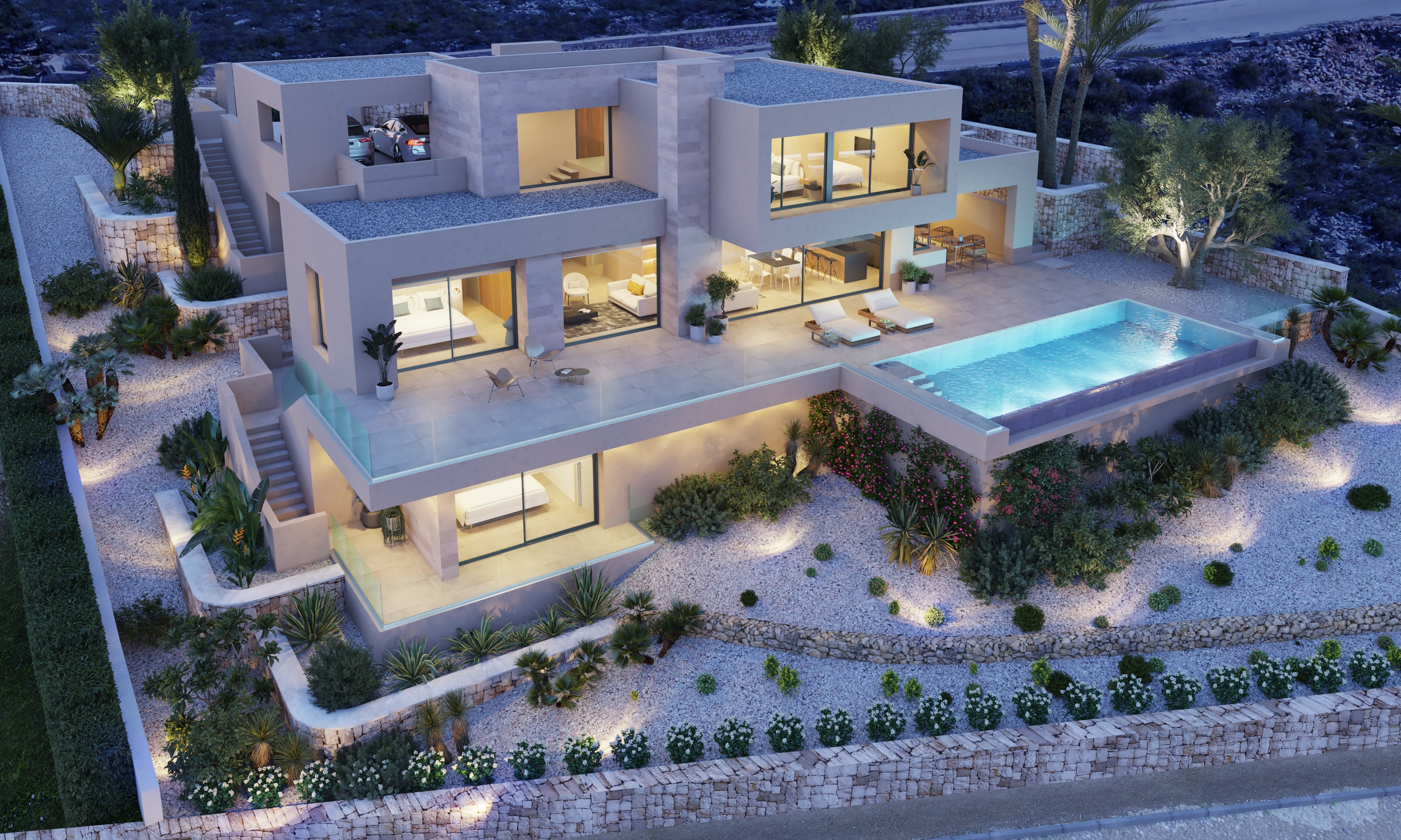 Villa contemporanea di nuova costruzione a Cumbre del Sol, Benitachell: design su più livelli con piscina a sfioro, ampie terrazze e giardini mediterranei curati.