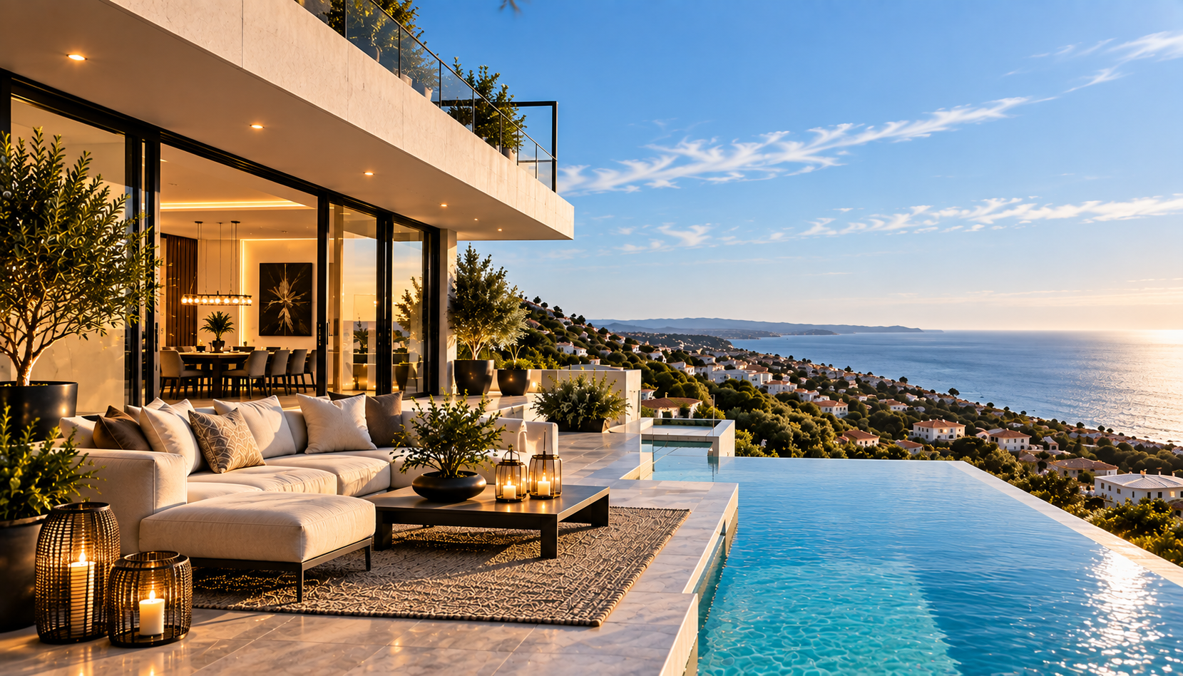 Imagem de uma moradia contemporânea com piscina, enquadrada num posicionamento imobiliário premium.