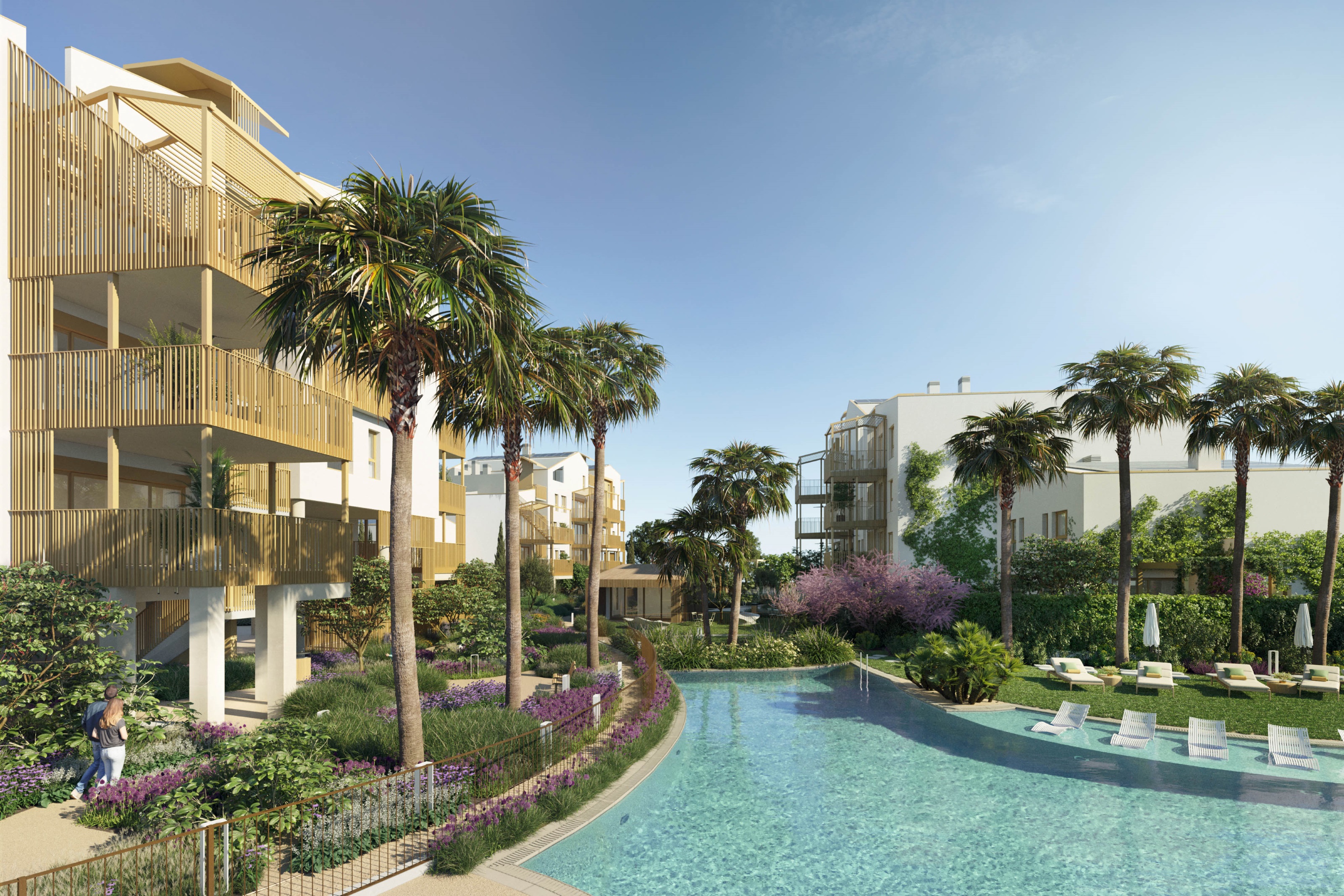 Piscina condominiale in stile laguna e giardini paesaggistici al Talasa Caelus, El Verger: appartamenti di nuova costruzione con servizi comuni in stile resort vicino a Dénia.