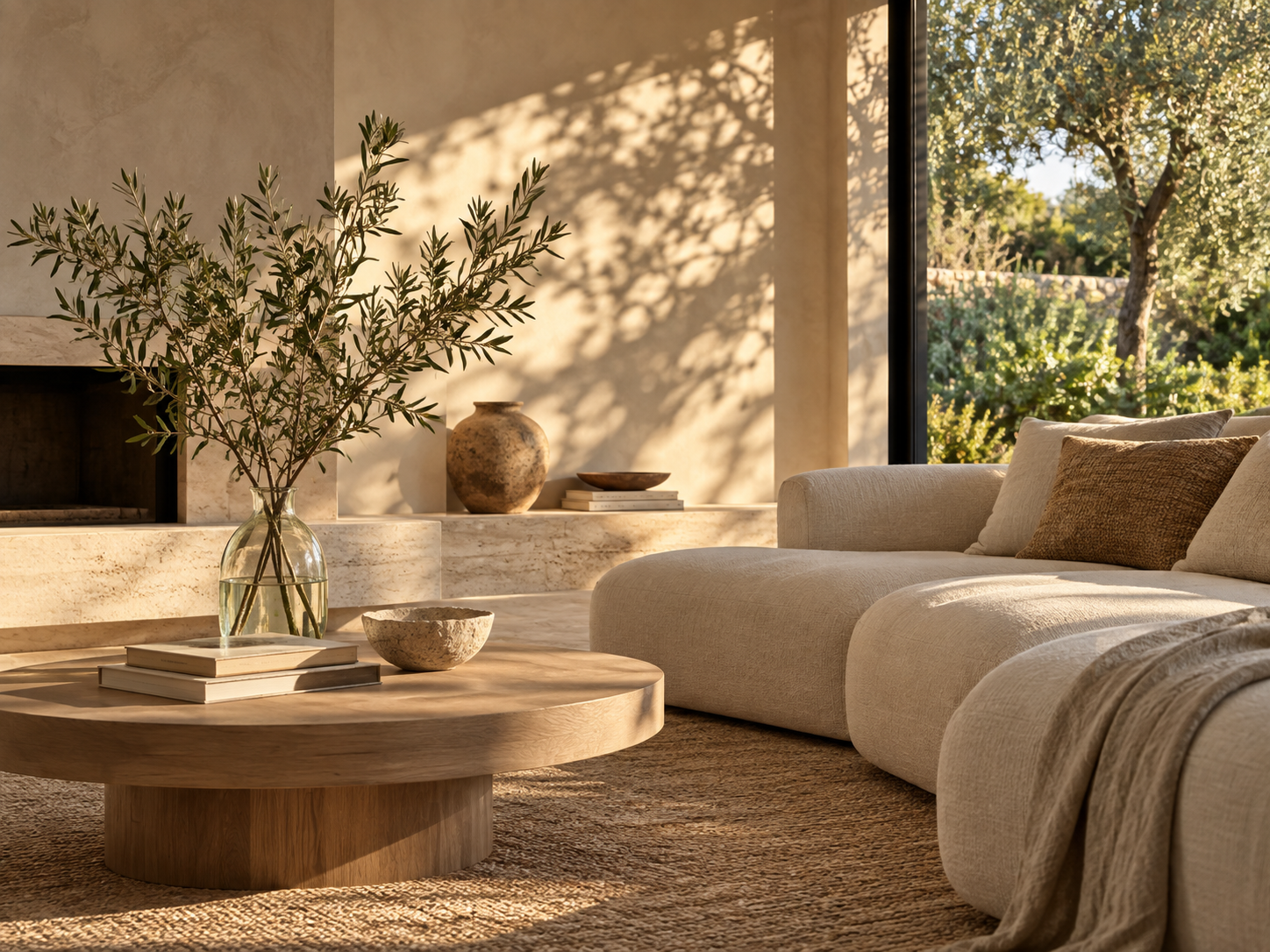 Sala acolhedora com materiais naturais e luz suave