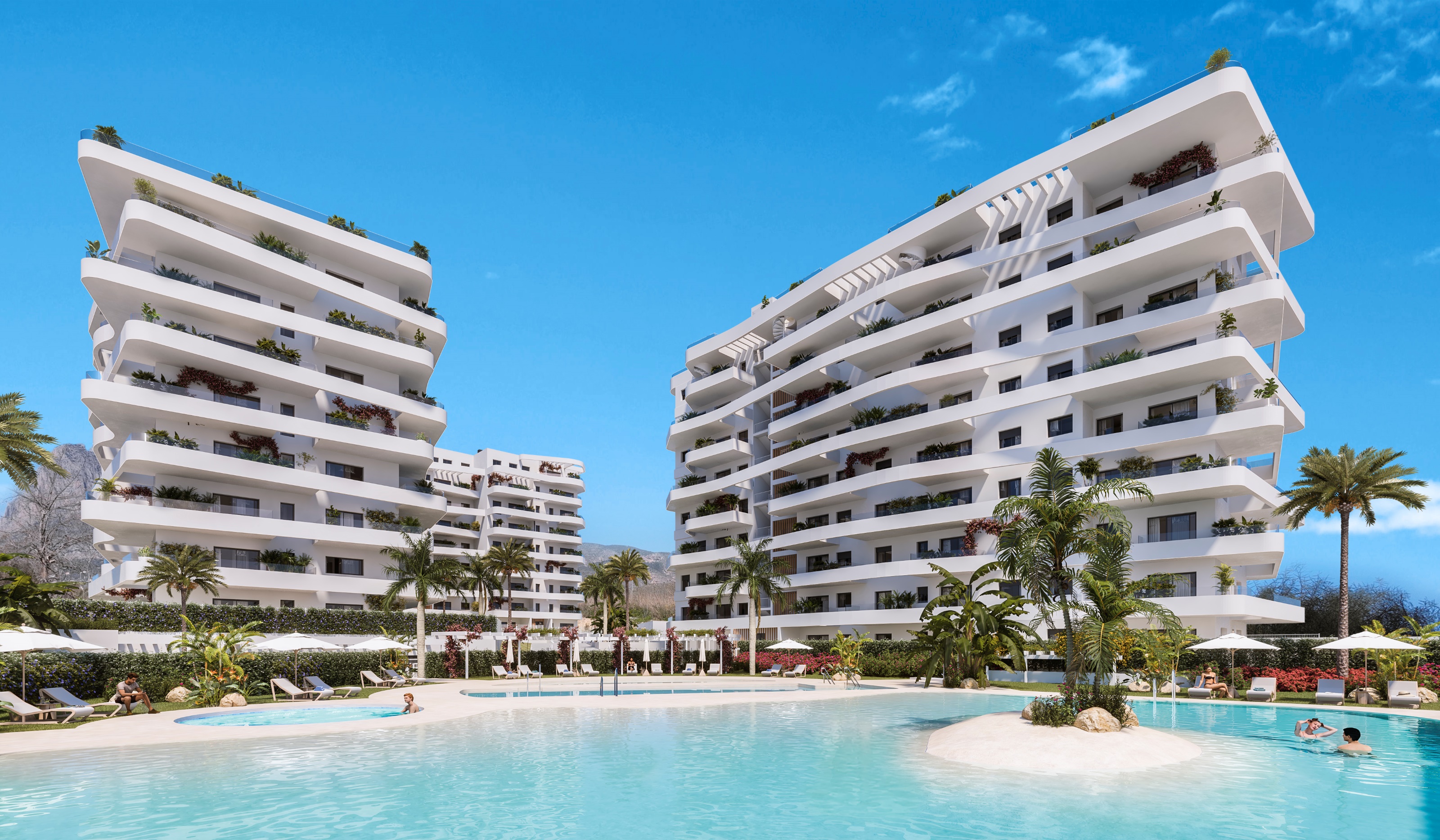 Piscina e giardini in stile resort ad Alonis Living, Playa del Torres, Villajoyosa: appartamenti di nuova costruzione con ampie aree comuni e servizi esclusivi.