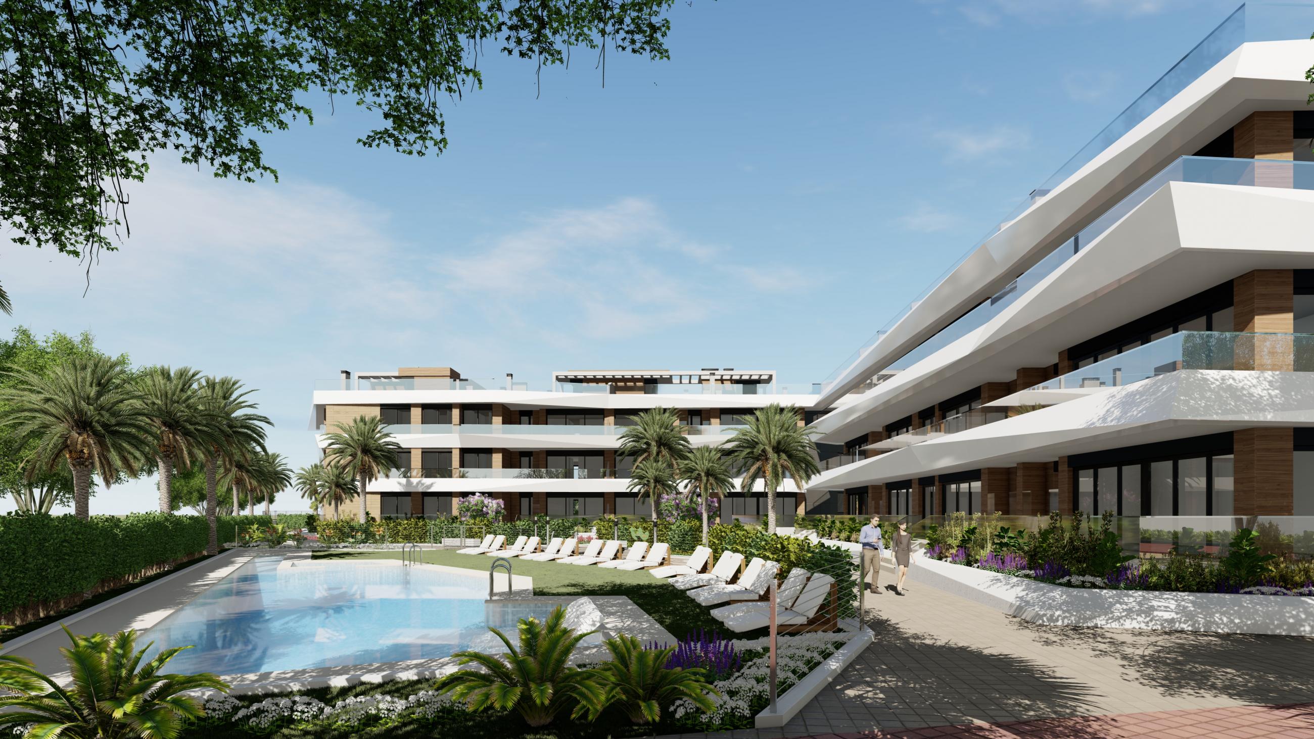 Piscina condominiale e giardini paesaggistici al Jávea Beach, un nuovo complesso residenziale nella zona dell'Arenal di Jávea: appartamenti moderni a pochi minuti dalla spiaggia.