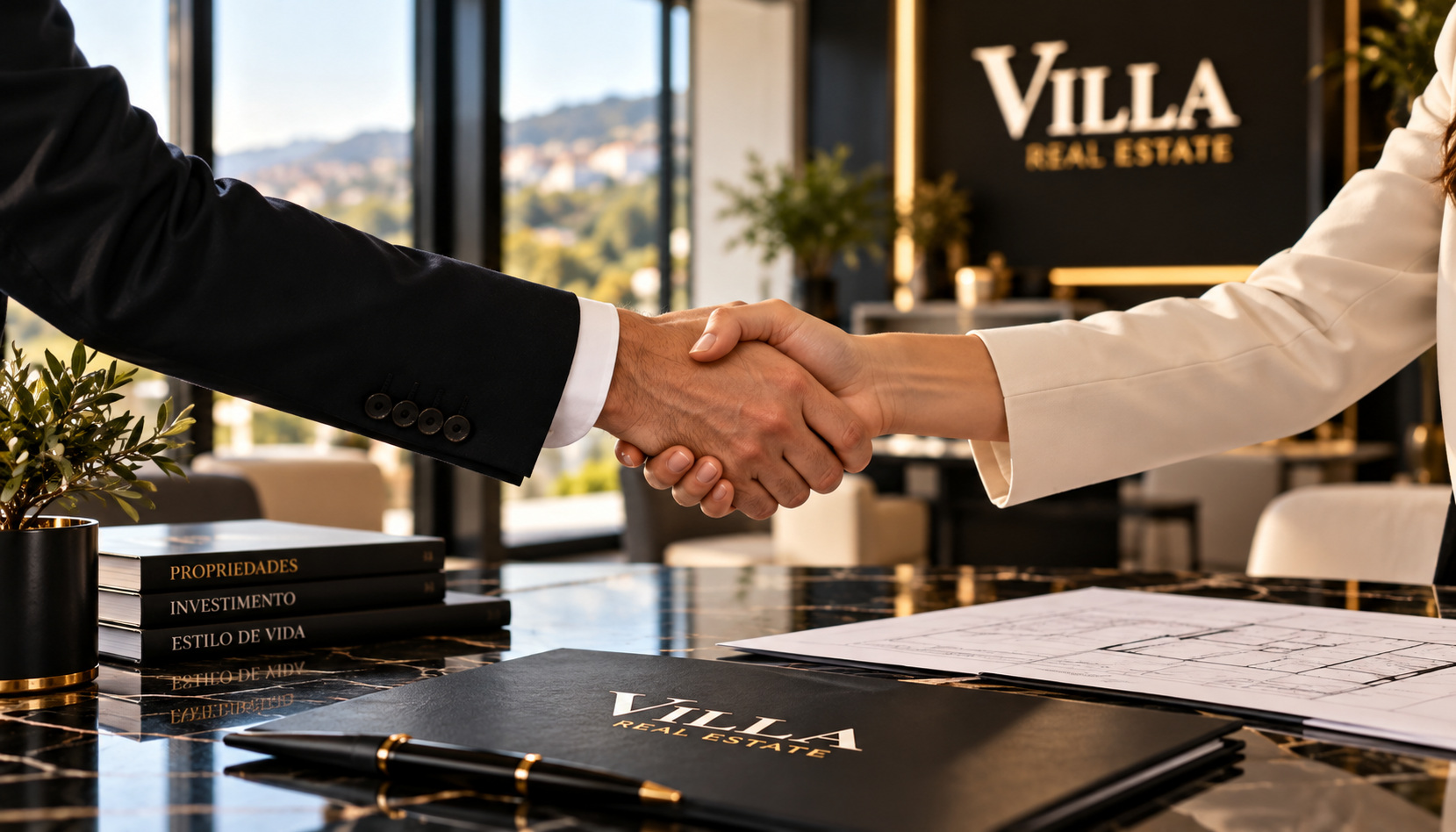 Momento de acordo e negociação imobiliária, representando confiança, acompanhamento e resultado.
