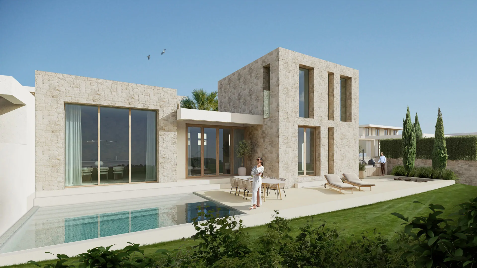 Luz Cálida, Moraira: una villa contemporanea di nuova costruzione con facciata in pietra naturale, piscina privata e terrazza con giardino paesaggistico.