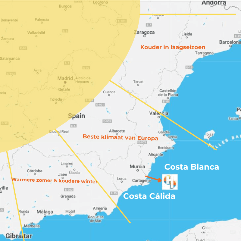 Map of Spain showing the Costa Blanca and Costa Cálida regions for those looking for a home.