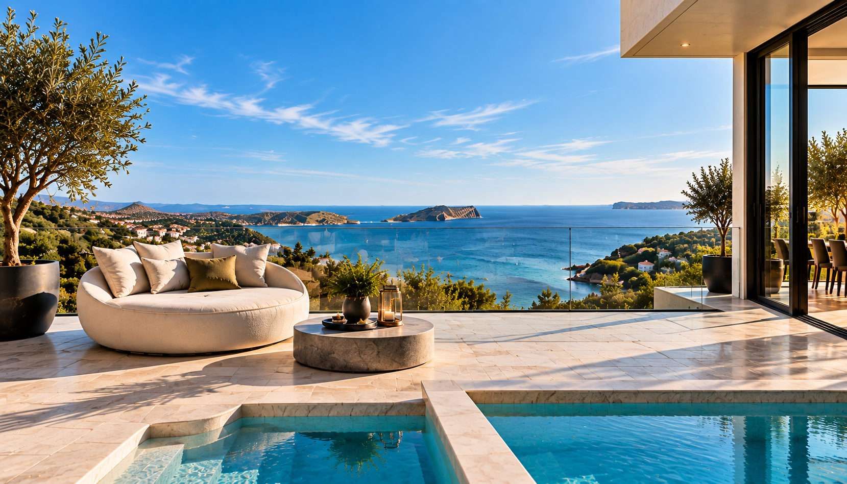 Zona exterior de moradia com piscina e vista, destacando conforto, localização e valorização imobiliária.