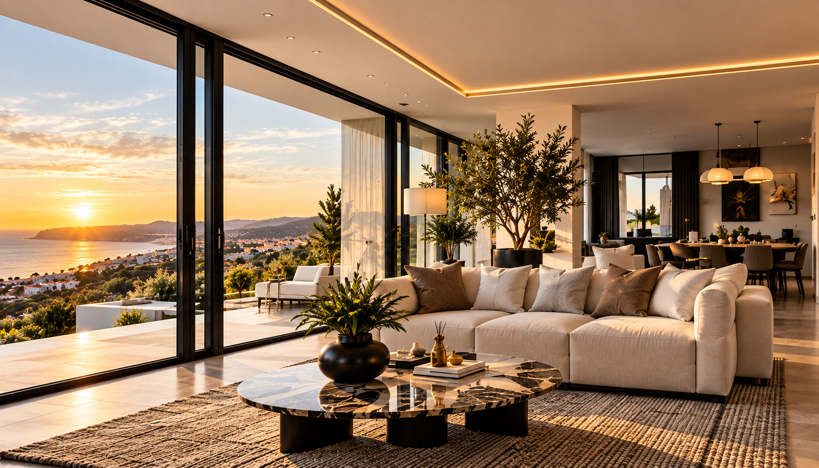 Sala de estar contemporânea com vista panorâmica, representando apresentação cuidada e experiência premium.